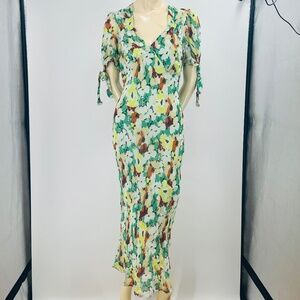 Anthropologie Floral V-Neck Tie Short Sleeve Midi Slip Dress L Wedding Guest